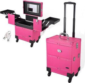 Pink makeup kit on wheels for makeup artists