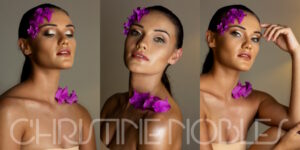 tropical makeup look, purple flowers,